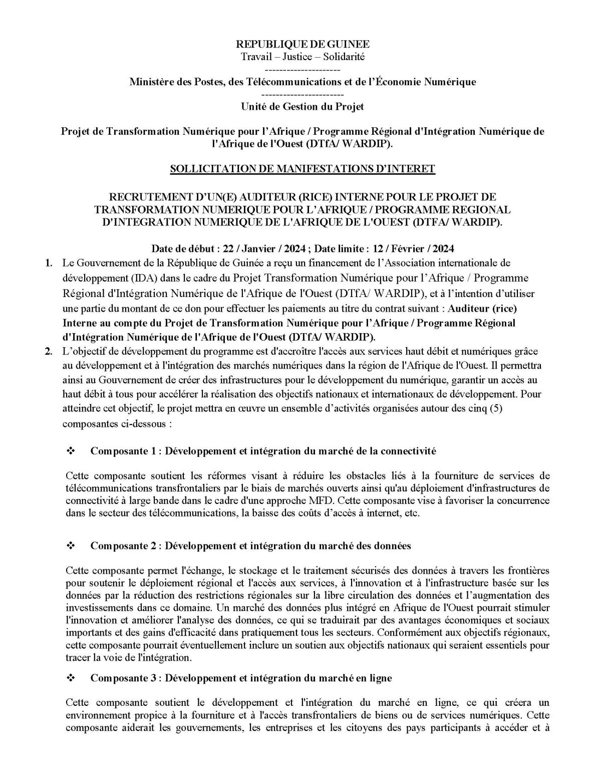 RECRUTEMENT D’UN(E) AUDITEUR (RICE) INTERNE POUR LE PROJET DE TRANSFORMATION NUMERIQUE POUR L’AFRIQUE / PROGRAMME REGIONAL D’INTEGRATION NUMERIQUE DE L’AFRIQUE DE L’OUEST (DTFA/ WARDIP)