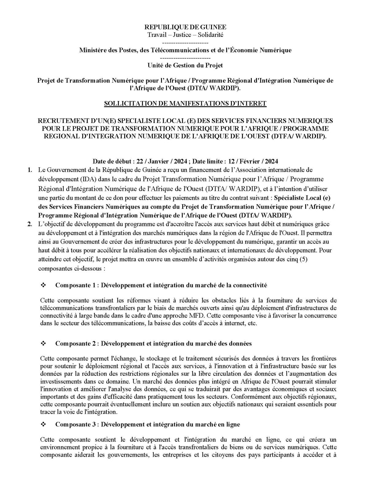 RECRUTEMENT D’UN(E) SPECIALISTE LOCAL (E) DES SERVICES FINANCIERS NUMERIQUES POUR LE PROJET DE TRANSFORMATION NUMERIQUE POUR L’AFRIQUE / PROGRAMME REGIONAL D’INTEGRATION NUMERIQUE DE L’AFRIQUE DE L’OUEST (DTFA/ WARDIP).